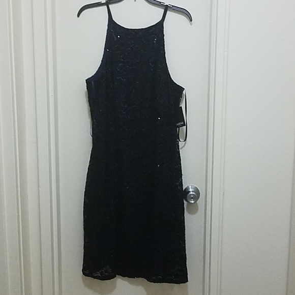 MARINA Dresses & Skirts - MARINA sequin sphaghetti strap lace dress in navy